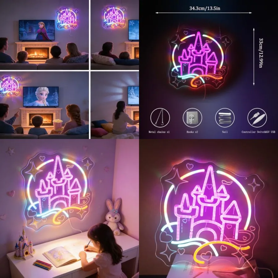 Magic Fairy Tale Neon Light - Princess Pink Blue LED Wall Lamp for Girls Bedroom Decor, Dimmable USB Night Light with Hanging K