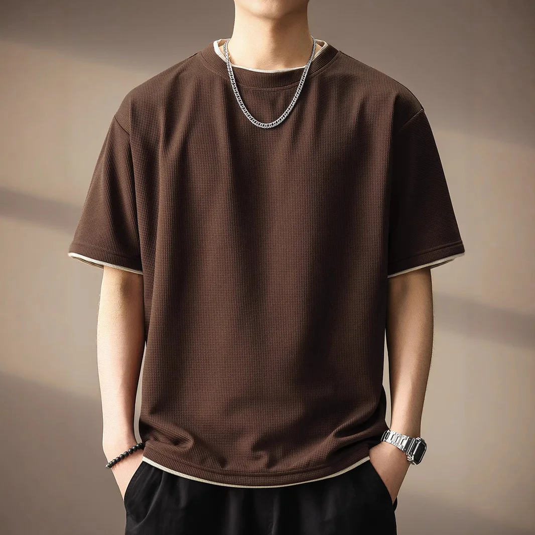 New Fashion American Style Men Brown Apricot Black White Solid Color Waffle Simple Basic Casual Loose T-shirts Male Vintage Tops