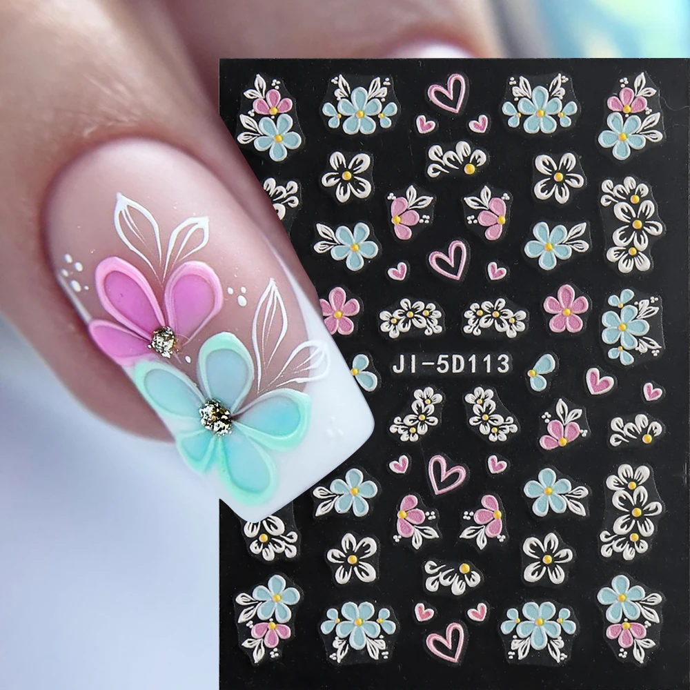 

5D Colorful Flowers Nail Stickers Butterfly Rose Spring Summer Decals Macarone Nail Sliders Relief Art Manicure Decors LEBJI-5D