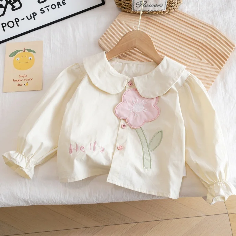 

Girl's Collar Cotton Korean Edition Shirt 2026 Spring Children's Long Sleeve Shirt Flower Fashion Children's Clothing Top 2-8T