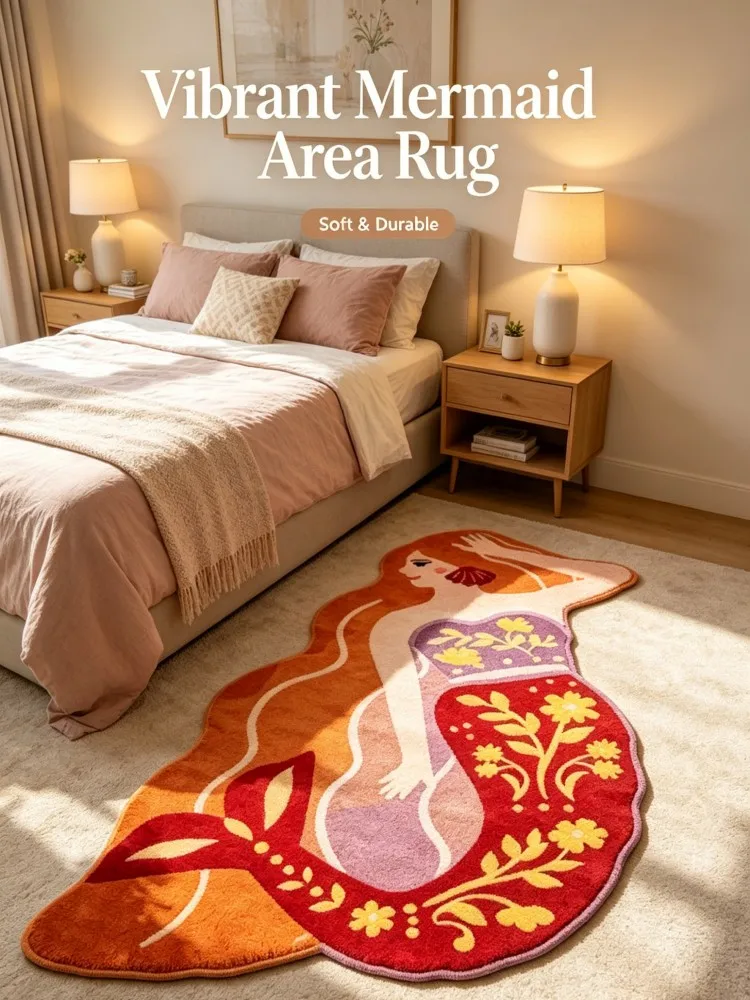 Irregular Mermaid Shaped Area Rug, Boho Floral Orange Red Mermaid Plush Floor Mat Non Slip Soft Fluffy Carpet for Balcony Bedroo