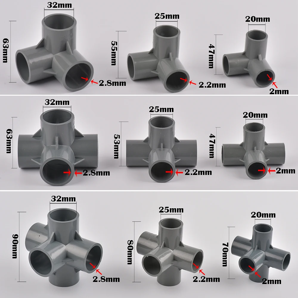 Inside Diameter 20/25/32mm 3-way/4-way/5-way Three-Dimensional PVC Connector Water Supply Pipe Fittings Equal Connectors Plastic