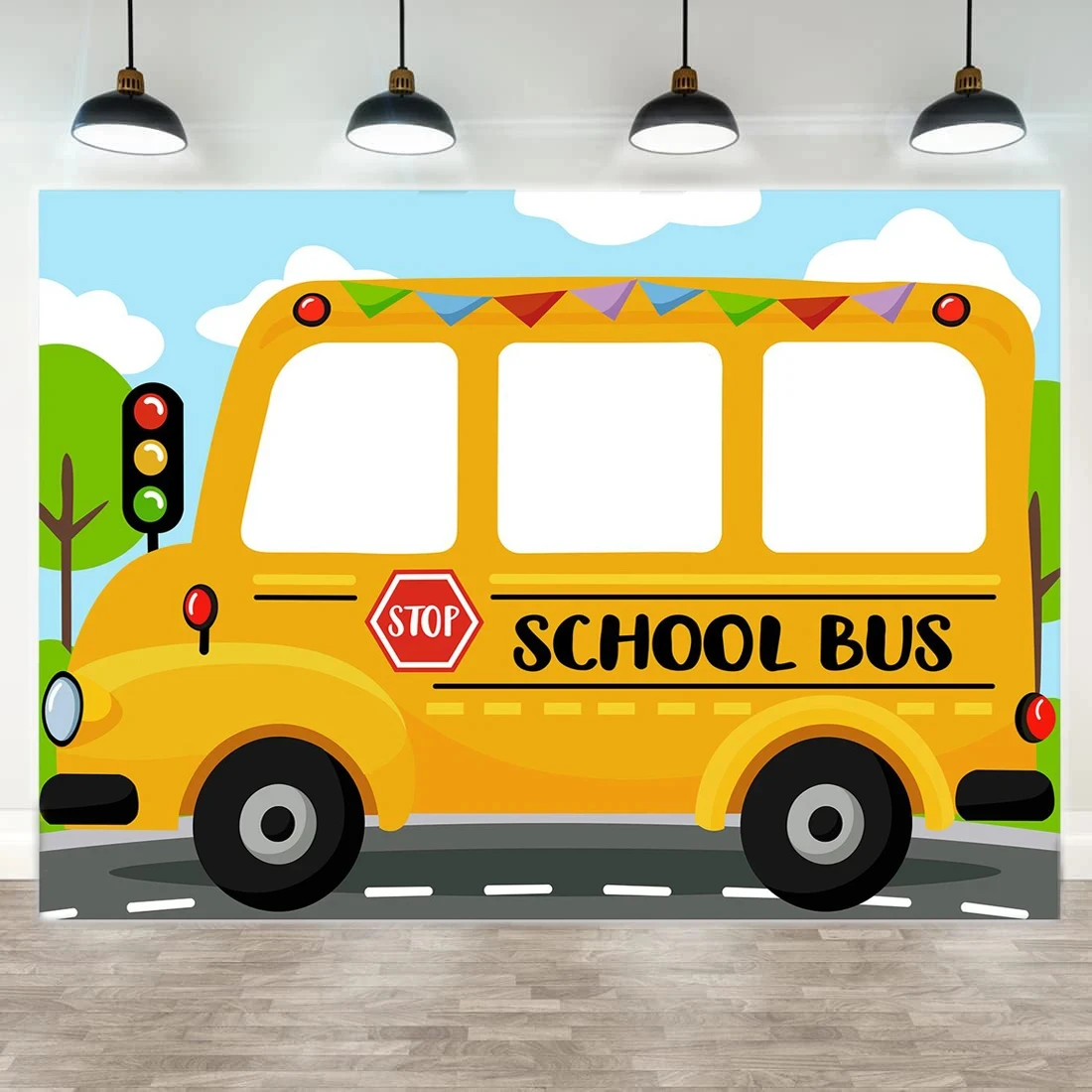 1.5 * 1M school bus showing face, welcome back to school background fabric, back to school season, school classroom decoration