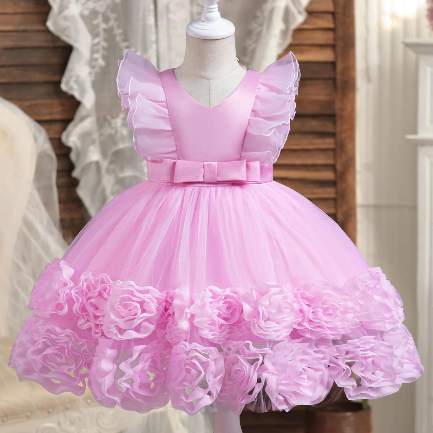 1 2 3 4 5 6 Years Baby Girls Dress Sweet Lace Bow Christmas Little Princess Dress Birthday Party Kids Clothes Infants Vestidos