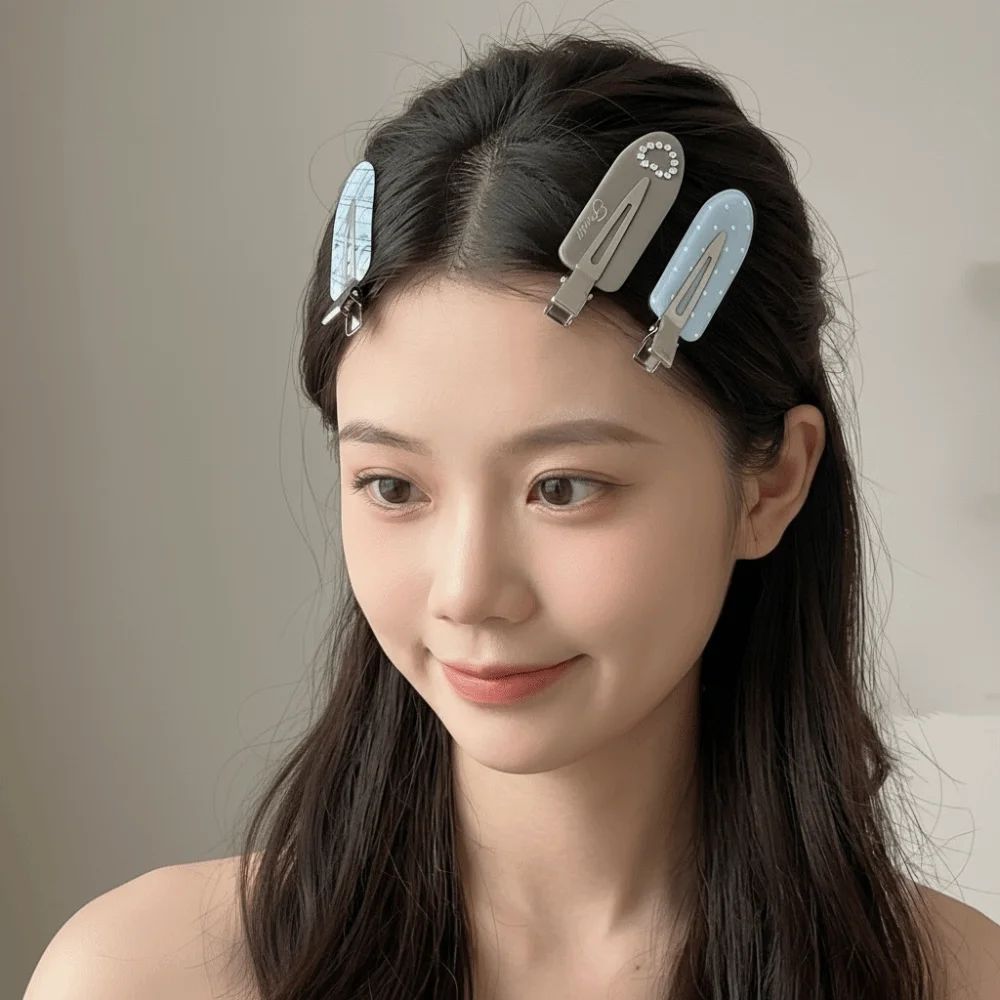 3 Stück Süße Haarspangen ohne Biegung, Nahtlose Strass-Haarnadeln, Niedliche Bedruckte Bunte Seitenpony-Clips, Mädchen-Haaraccessoires – Detail 12