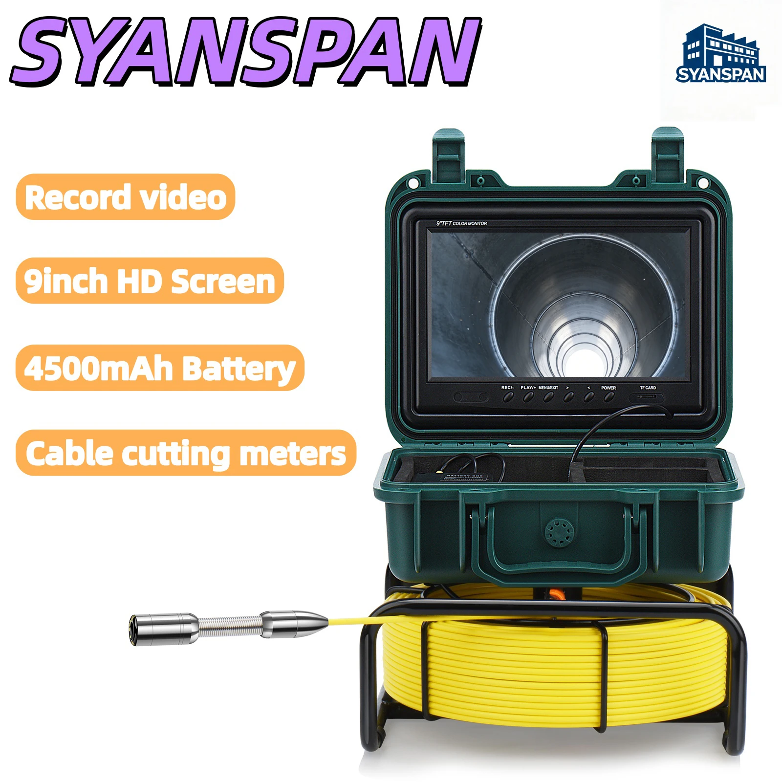 

Endoscope Inspection Camera DVR Video SYANSPAN 9inch HD1080P Screen, Drain Industrial Endoscope Camera IP68 Waterproof