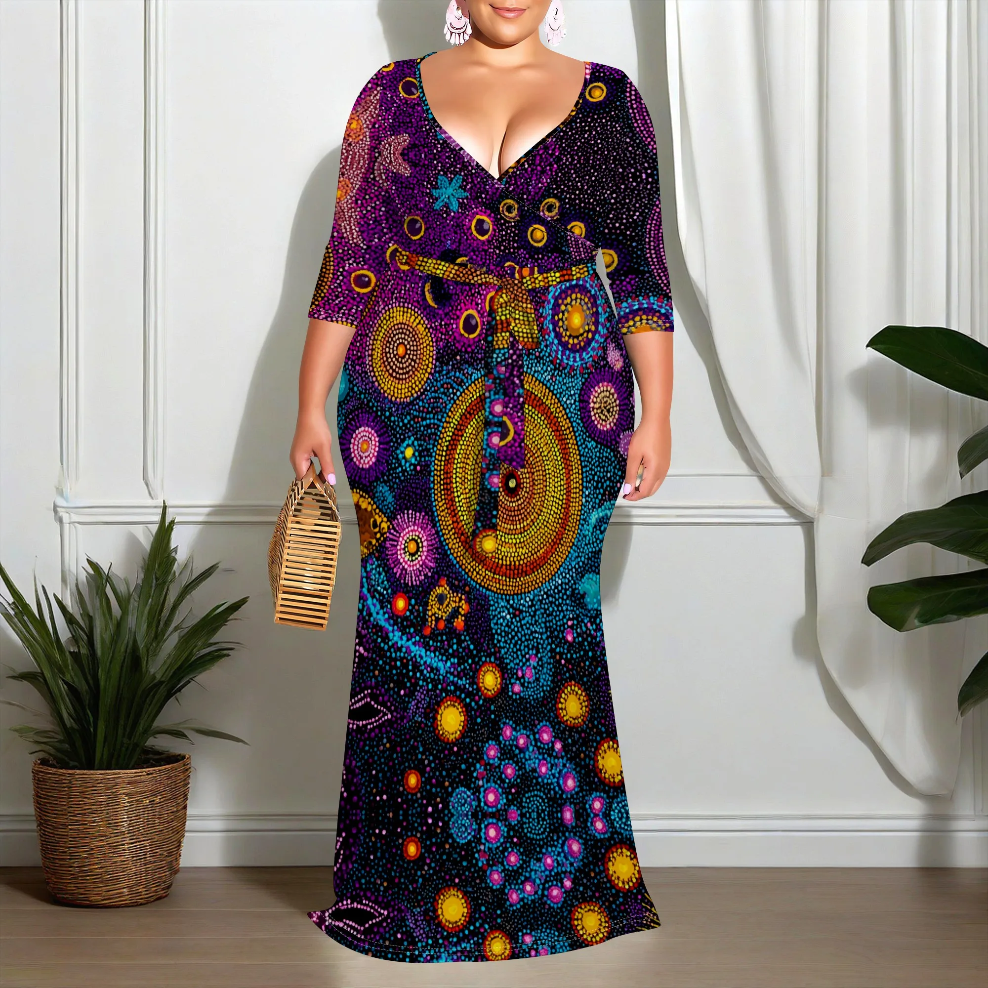 

Elegant Plus Size Bohemian Dress, Psychedelic Print V-Neck Maxi Dress, Women's Colorful A-Line Party Gown, Holiday Outfit XL-6XL