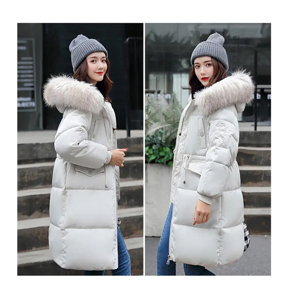 

Женское утепленное зимнее пуховое пальто средней длины ниже колена, простое, свободного кроя, на молнии, ветрозащитное, из хлопка