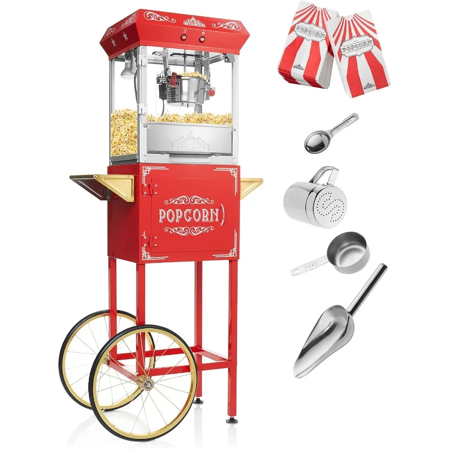 빈티지 스타일 팝콘 기계 카트 포함 4온스 팝콘 메이커 레드