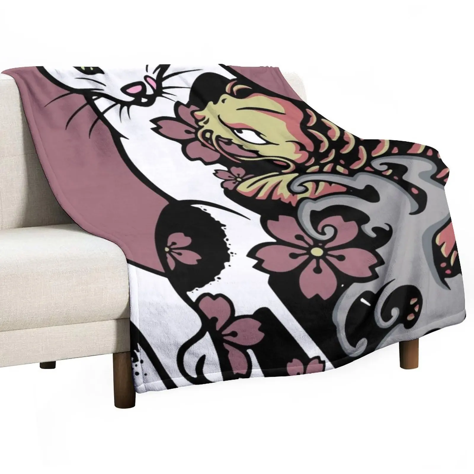 Monmon cat - Cat with japanese tattoo -Ko? Fish Throw Blanket Luxury St Polar Hairy Winter beds Blankets