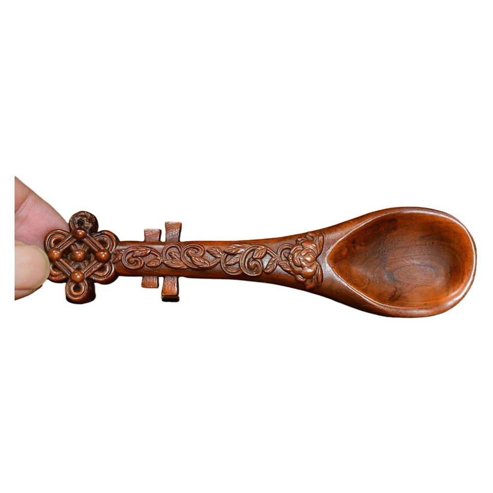 Sculpture à la main décor cuillère à thé en bois sculpté chinois prospérité harmonie bénédiction abondance joie longévité unité Fortune sérénité