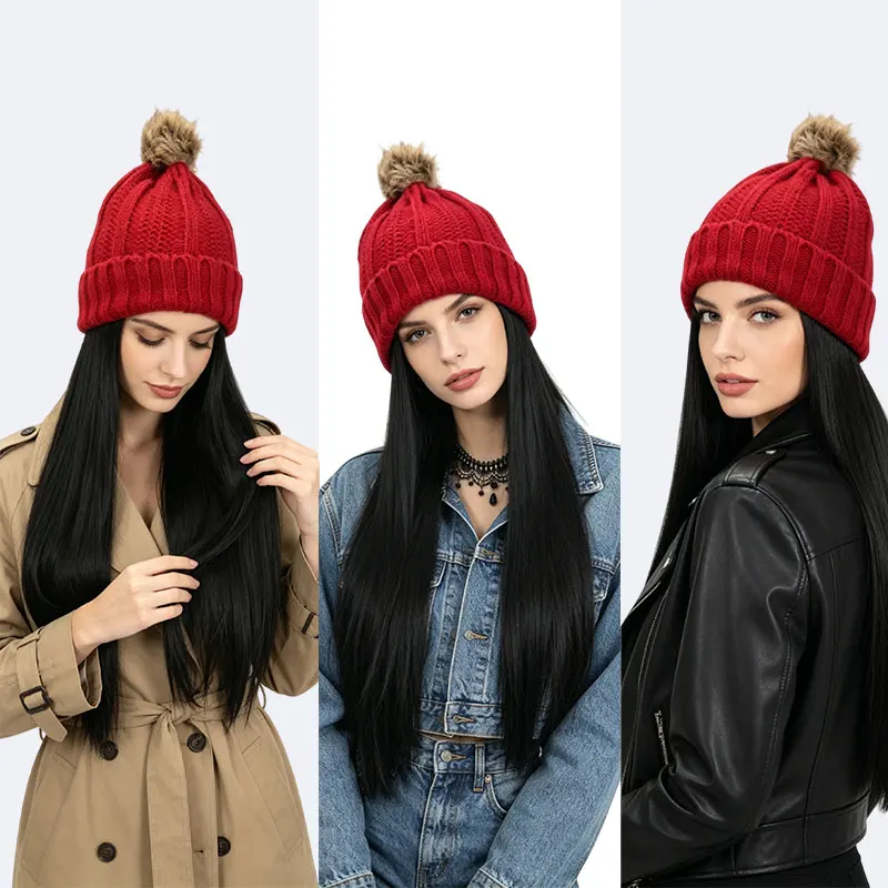 24inch Women's Knitted Wool Hat with Integrated Wig, Long Straight Synthetic Hair Hat Wig, Fashionable and Trendy, Easy to Wear Suitable for Daily Use, Photography, Parties, and Other Occasions. The Best Choice for Giving Gifts