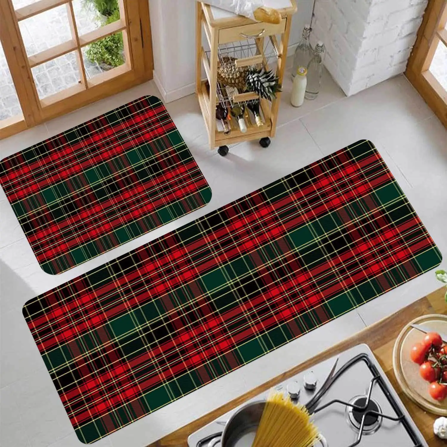 VIKAMA 2PC American-Style Vintage Checked Carpet Set - Durable, Suitable For Kitchen, Staircase, Bathroom And Home Decoration.