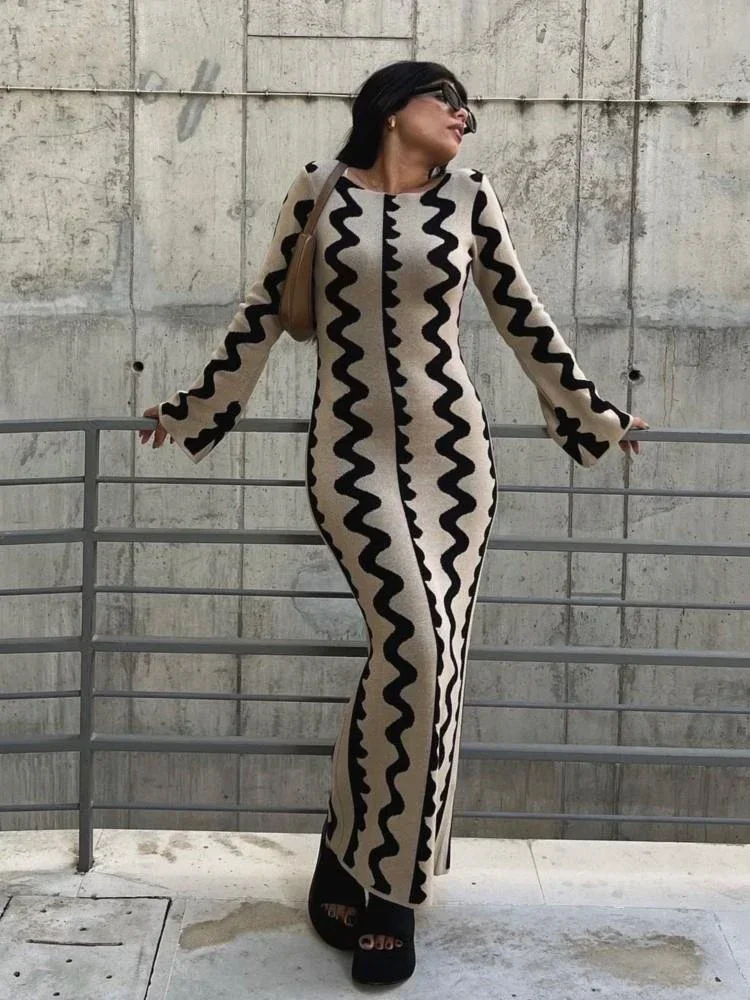 

Mingmingxi Wave Striped Women Knitted Maxi Dress Elegant O-neck Long Sleeve Bodycon Dress 2023 Autumn Streetwear Party Robe