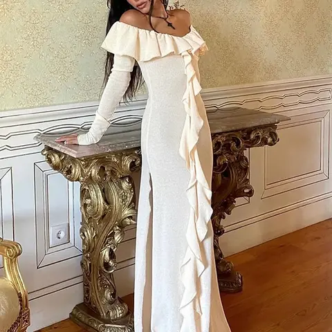 미아 뮤즈 여성용 용수철 공주 스타일 드레스, 일반 긴 소매, 오프 숄더 플라운스 사이드 슬릿, 전체 길이 기념일 드레스