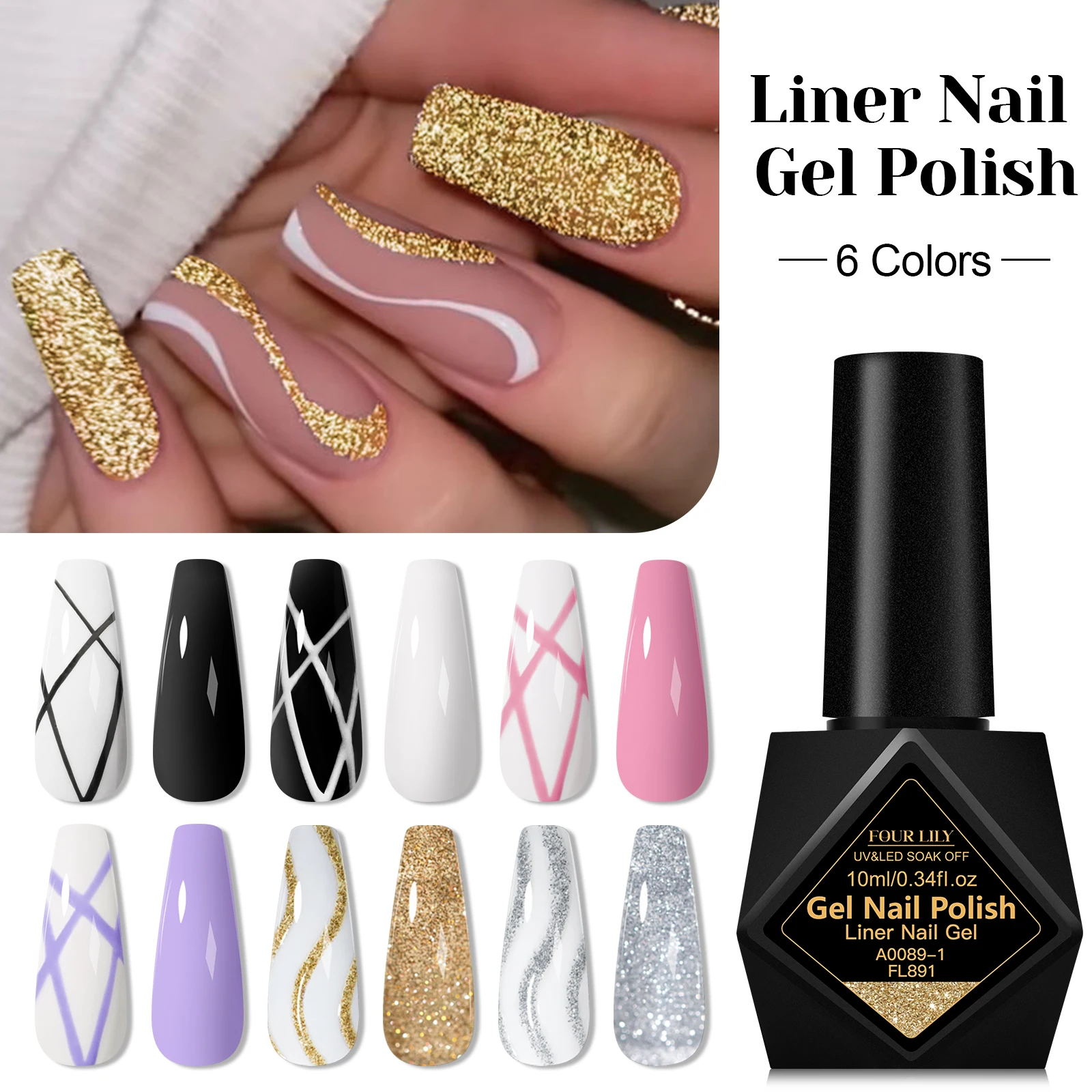 6pcs Liner Gel Nail Polish Set Golden Sliver Glitter Line Graffiti Painting Stripe DIY Nails Design Painting Gel Nail Supplies