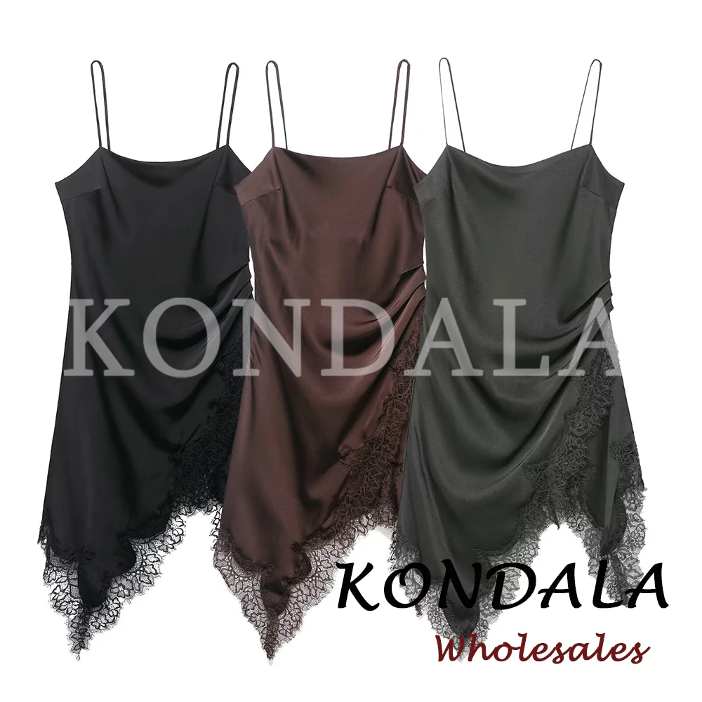 KONDALA Mode 2026 Asymmetrisches Sexy Spitzenkleid Einfarbiges Damen-Cami-Kleid Abendparty Plissiertes Kleid Ärmellos Figurbetontes Kleid