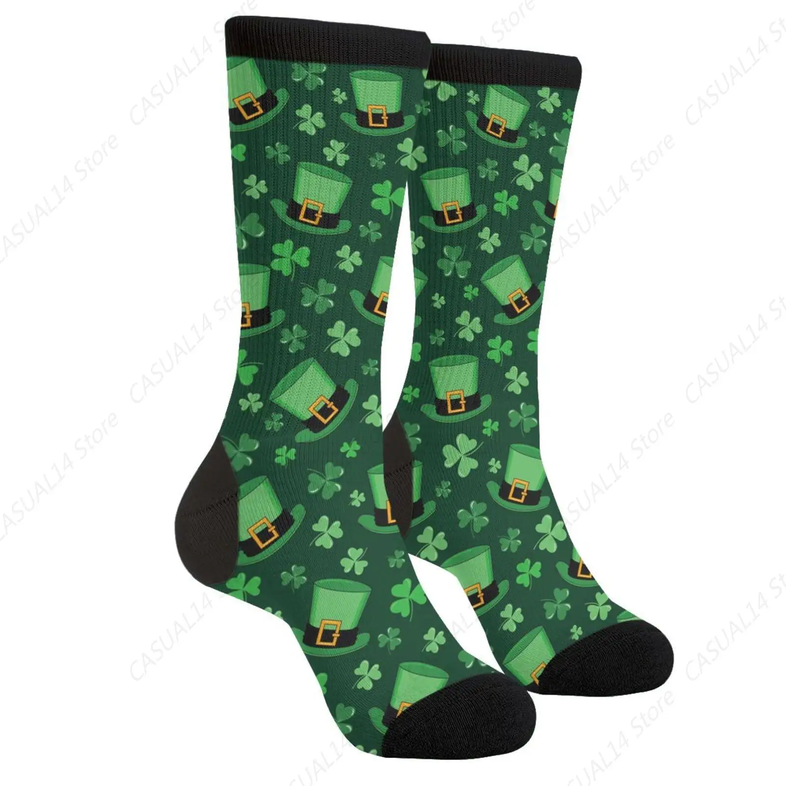 Saint Patrick'S Day Clover Hat Cute Green Funny Novelty Fun Crew Socks Fashion Comfortable Men And Women Crazy Dress Socks