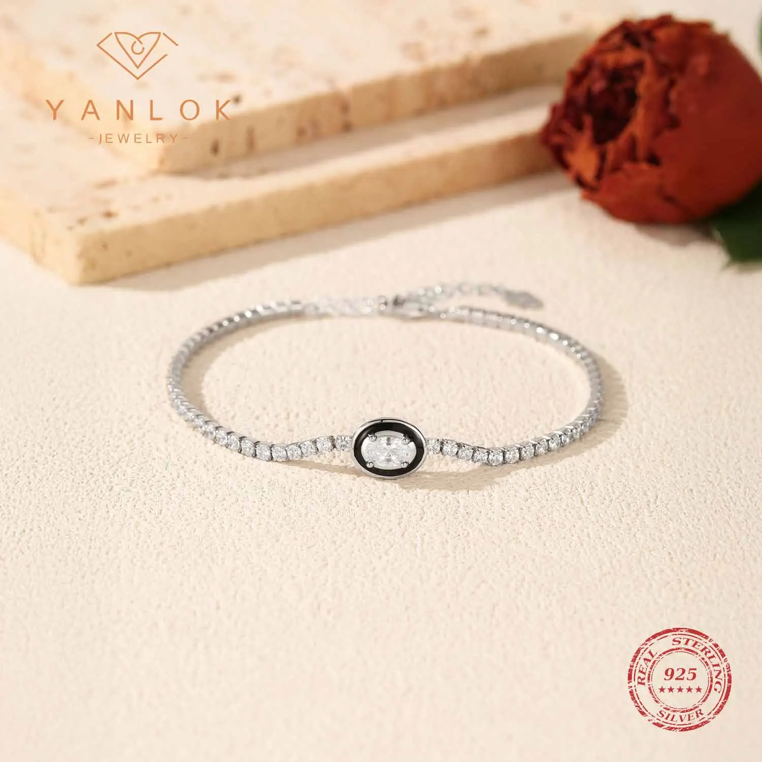 

YANLOK стерлингового серебра 925 пробы, простые сверкающие овальные прозрачные фианиты с черной эмалью, теннисные браслеты для женщин, повседневные офисные ювелирные изделия