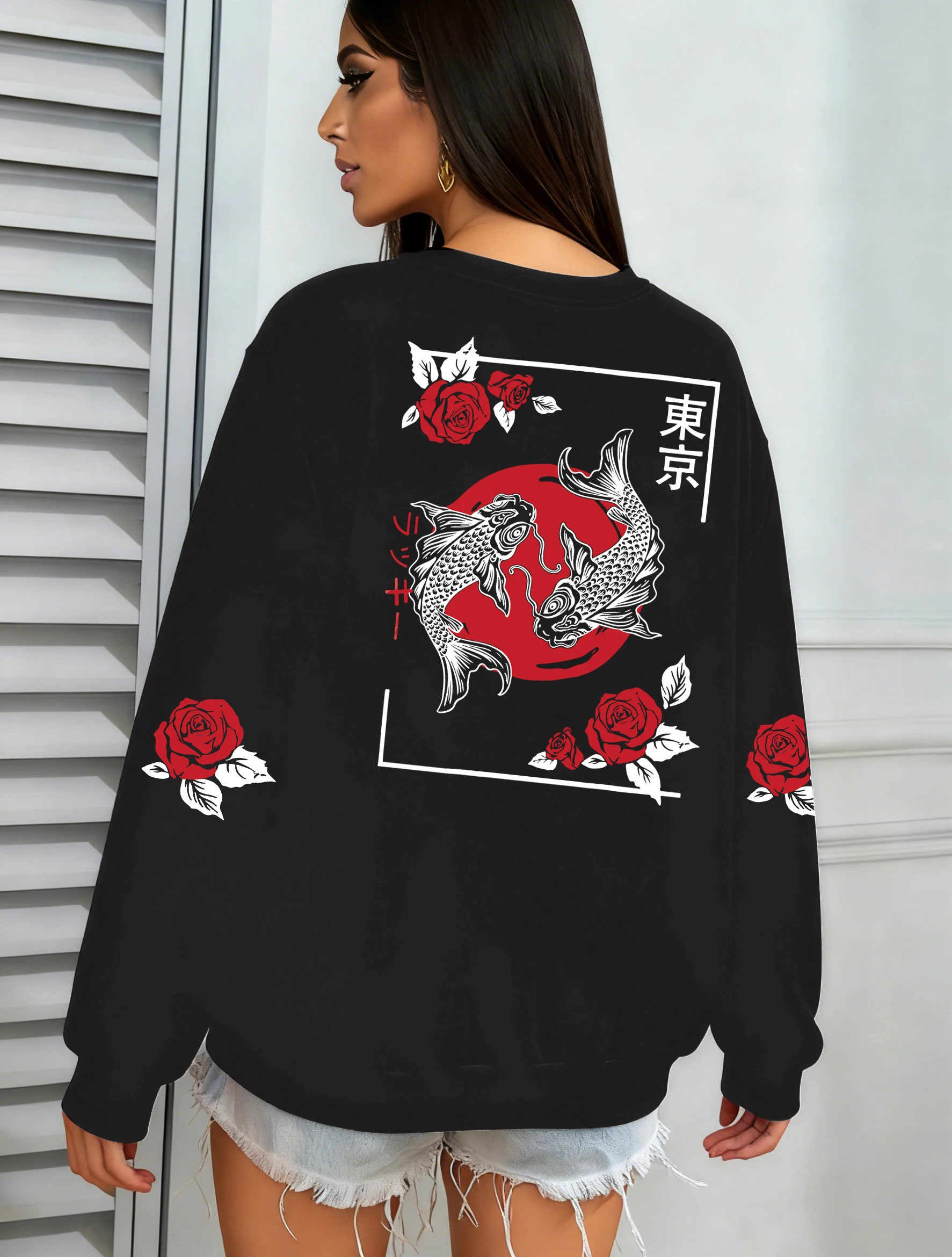 

Токио кои Рыба Роза Harajuku Толстовка с принтом Женская одежда Y2K с круглым вырезом Флисовый удобный пуловер Свободная осенняя уличная одежда