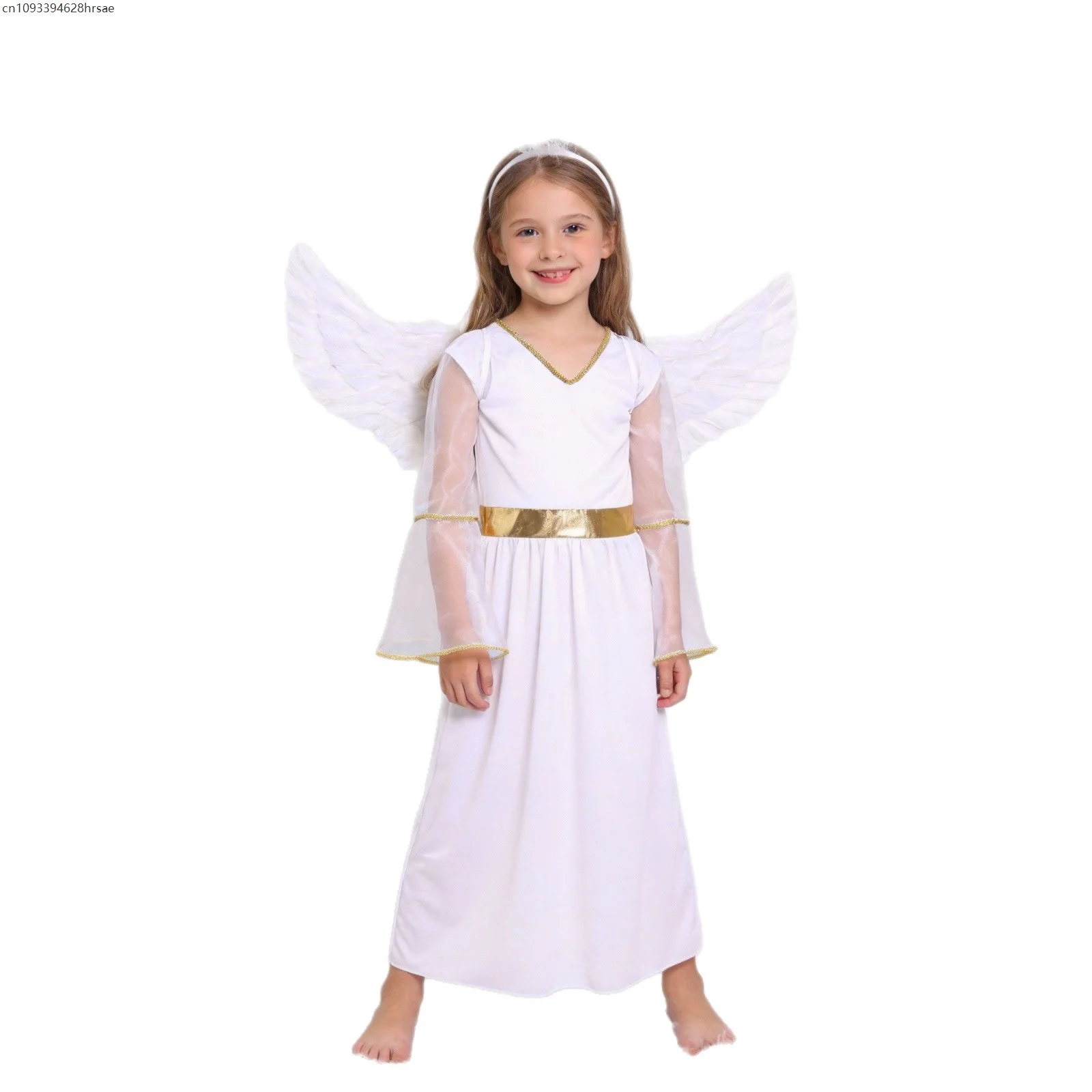 White Angel Costume Theme Party Long Bell Sleeve Dress Gown with Wings Set for Mädchen Stage Performance Church Dress Up