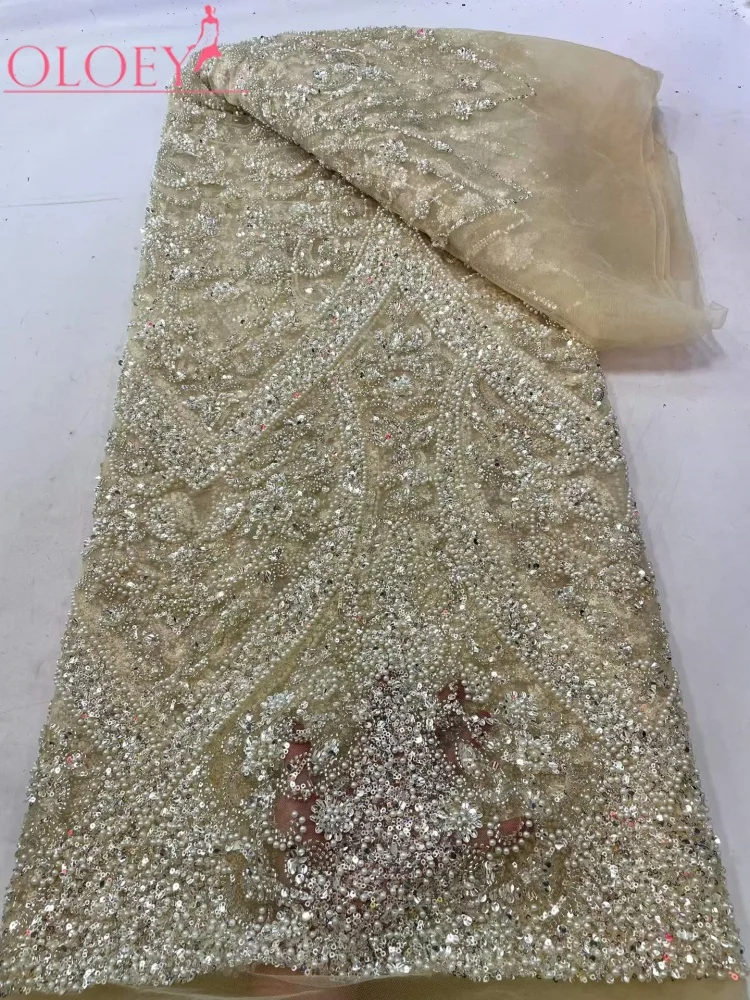 OLOEY  Luxury High-end Beaded Fabric Tulle Sequins Embroidery Fabric Fashion French Tulle Mesh Lace Fabric for Wedding