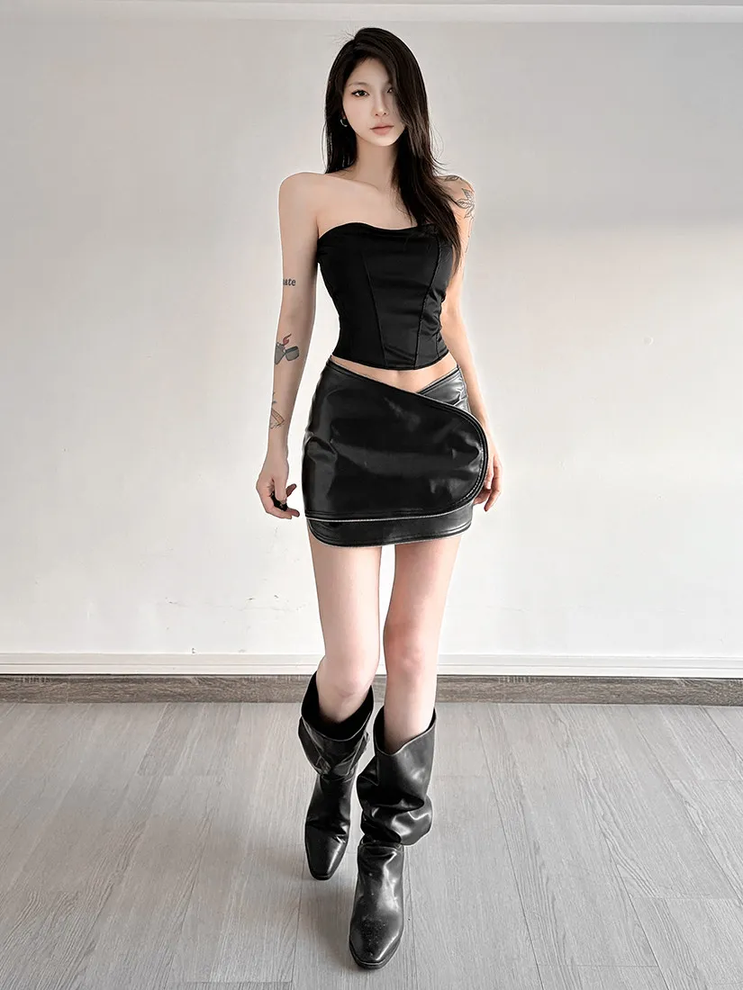 Women Black Gothic Emo Leather Skirt Vintage Wrap Skirt Harajuku Korean Style Y2k Asymmetrical Skirts 2000s Clothes Summer 2026