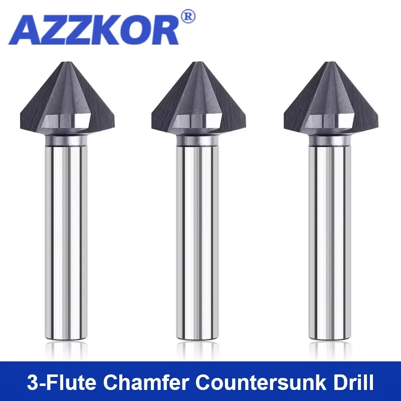 AZZKOR 6.3mm-60.0mm Reverse Alloy Countersunk Drill Bit Tungsten Steel Carbide 3-Flutes 90-Degrees Chamfering Cutter