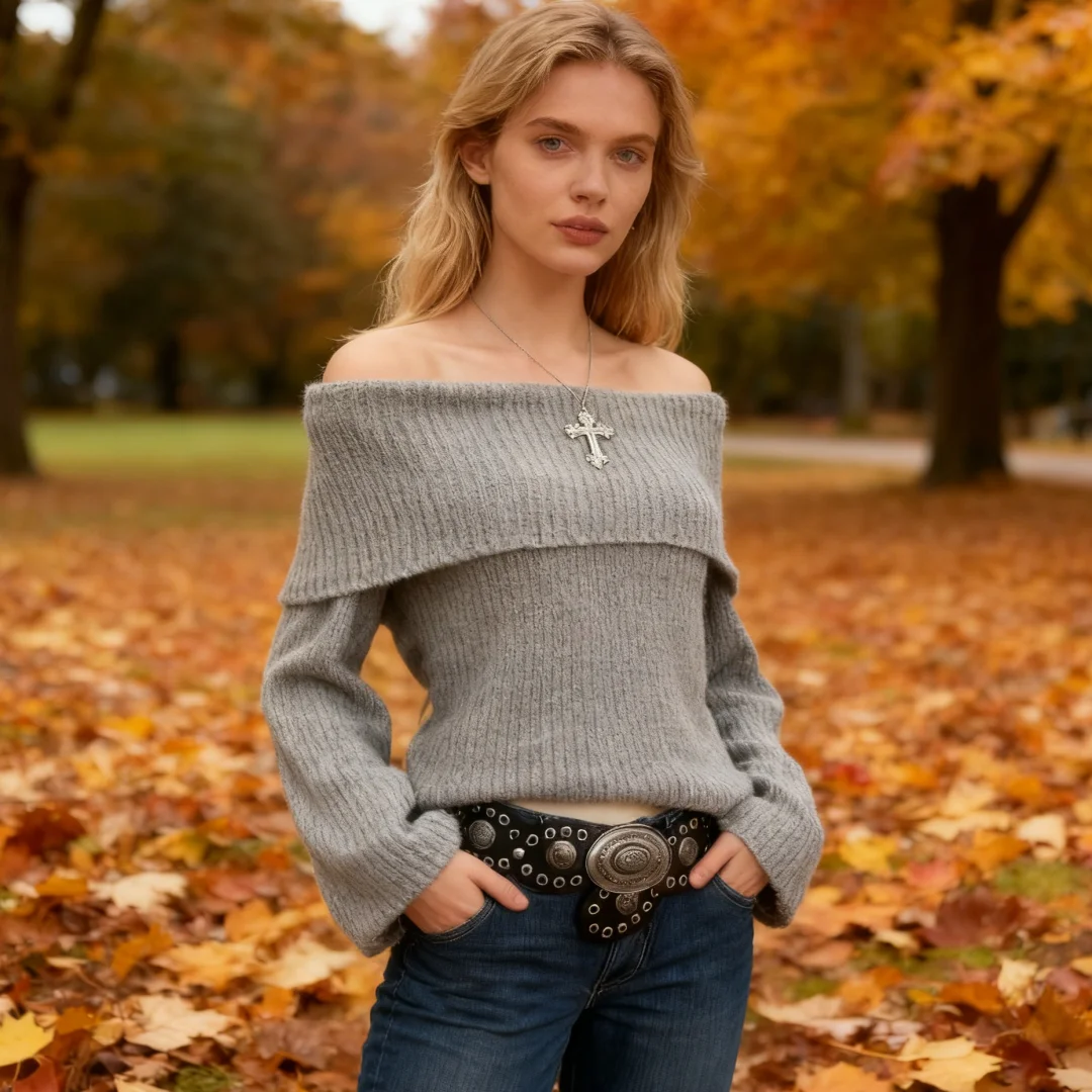 เสื้อถักแขนยาวไหล่เดียวสำหรับผู้หญิง ฤดูใบไม้ผลิ ฤดูใบไม้ร่วง แฟชั่นลำลอง นุ่ม สบาย ใส่ได้ทุกวัน