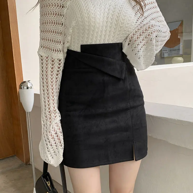 Korean Fashion Herbst Winter Woolen Frauen Solide Zipper Asymmetrische Split Temperamen Hohe Taille Kurze Schlanke A-line Hüfte Wrap Rock