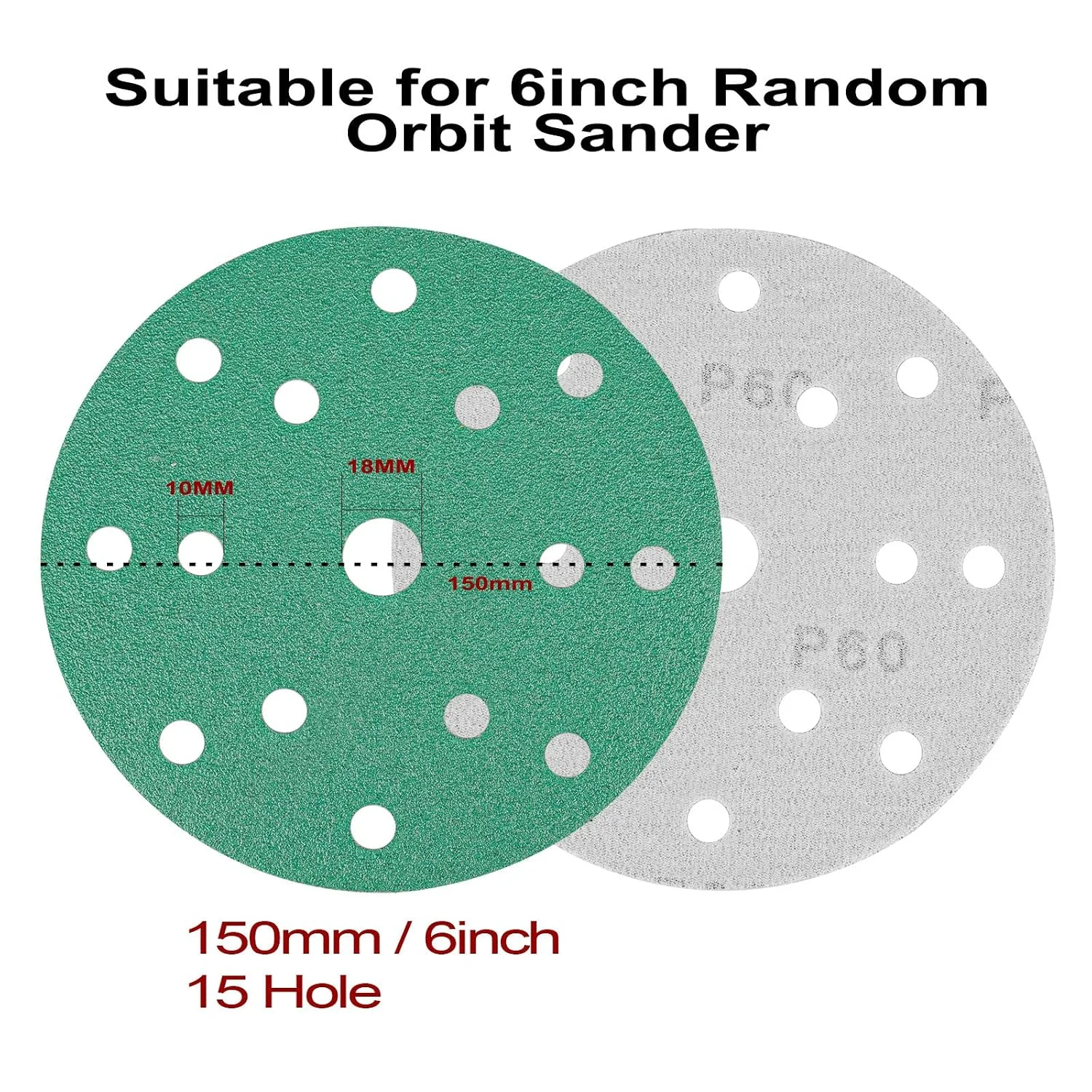 150mm Sanding Discs 50pcs Hook and Loop 15 Hole Green Film,Heavy Duty Hook and Loop Sandpaper,for Random Orbital Sander Pads