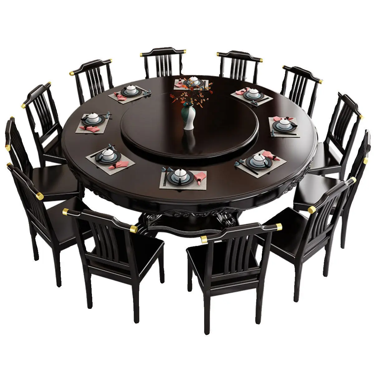 New Chinese-style all-solid wood dining table and chair combination large round dining table multi-person round