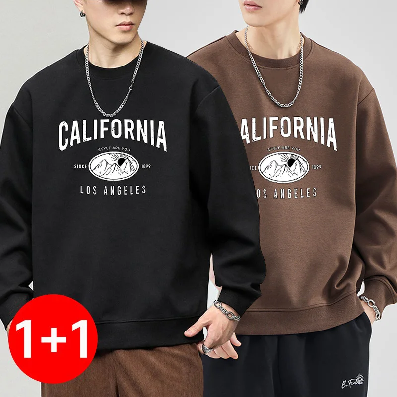 1+1(2장세트)트랜드인 레터링 프린트 스타일리시 맨투맨 남성용 빅사이즈 오버핏 긴팔 티셔... - 2