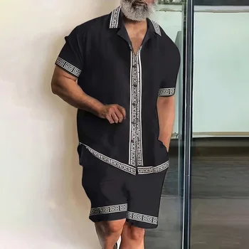 Wakacyjne męskie stroje 2-częściowe Vintage zapinana na guziki koszula z krótkim rękawem i zestaw szortów spodenki z elastyczną talią koszule z krótkim rękawem