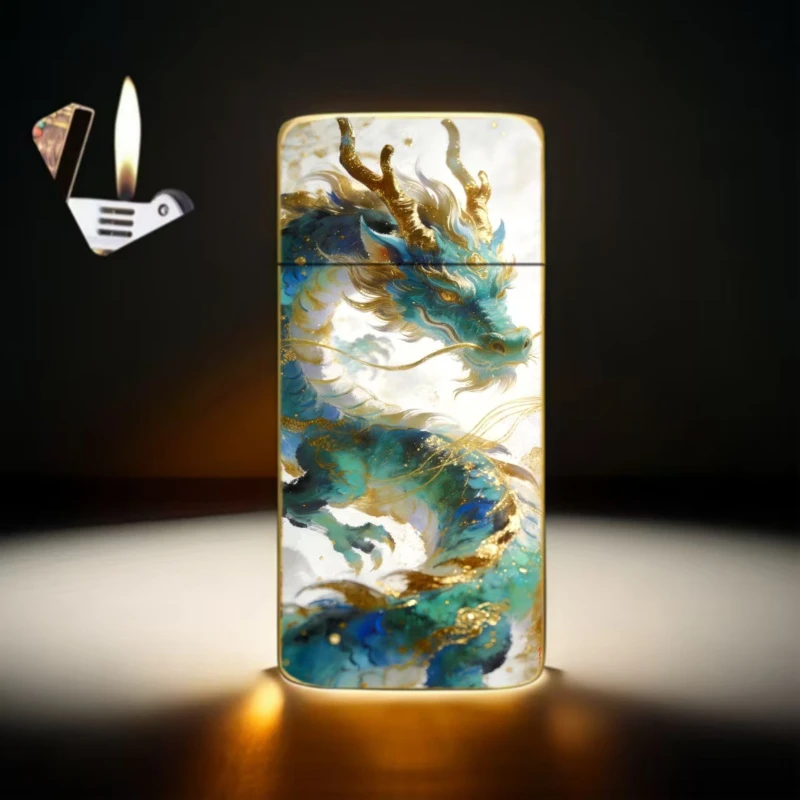Ultra-thin metal gas lighter four divine beast creative ultra-thin open flame lighter  enamel color craft lighter