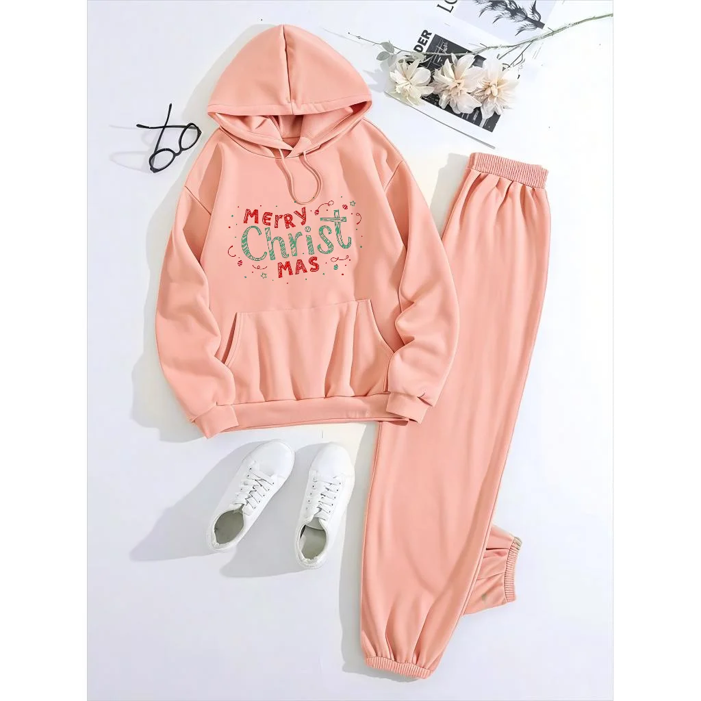 Mia Muse  Women's Sets Fashion Plain Merry Christmas Letter Print Long Sleeve Hoodie Natural Waist Pant Casual Sets