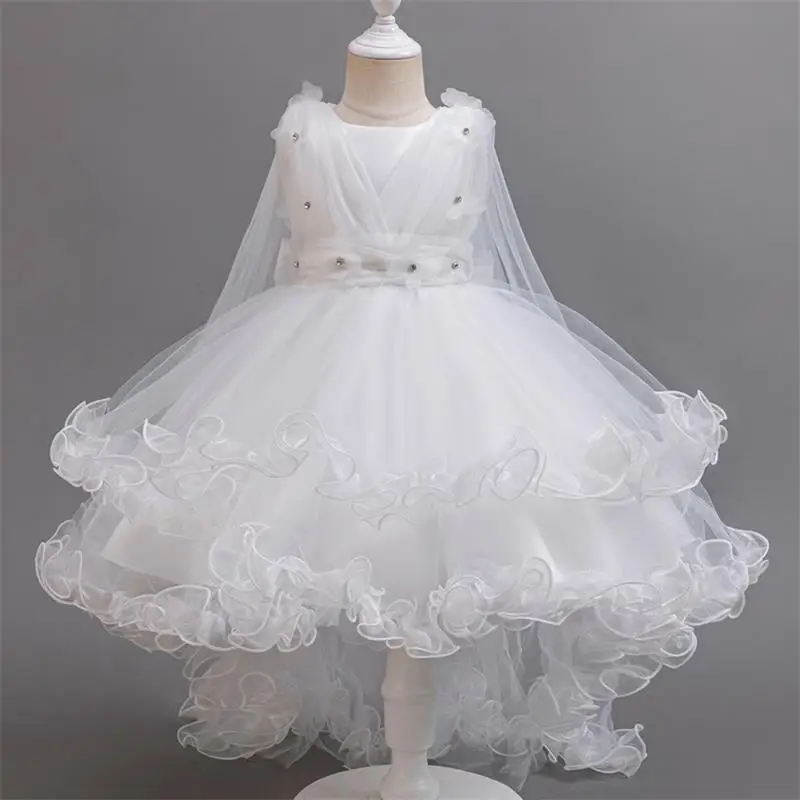Girl Princess Dress White Trailing Wedding Bridesmaid Dress For Piano Perform Dress Elegant Girls Party Dresses Kids Prom Dress