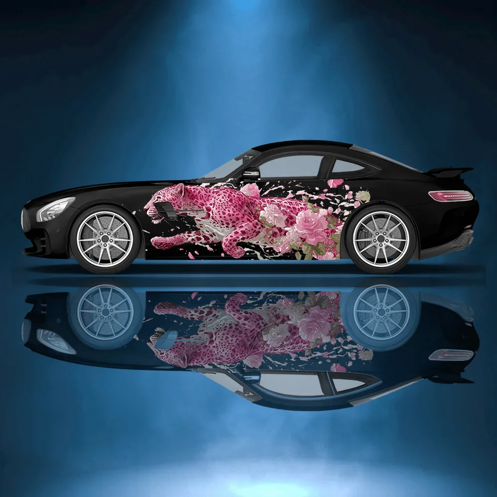2Pcs Pink Leopard in Pink Roses Full Body Decal Decoration Covering Scratches Protect Car Decal Waterproof Car Vinyl Wraps