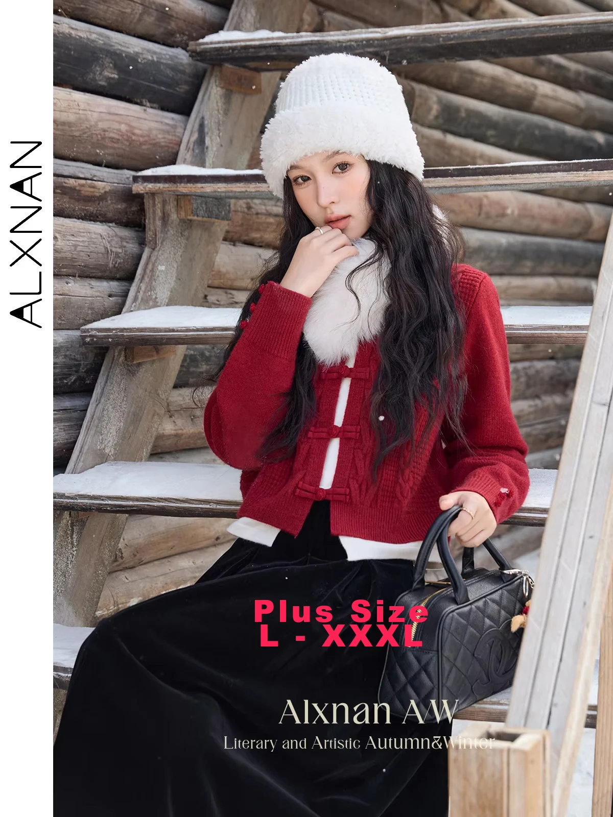 

ALXNAN Plus Size Knitwear Fake Two Pieces Red Women's Winter Sweater O-neck New Chinese Style Button Design Top Female D08917