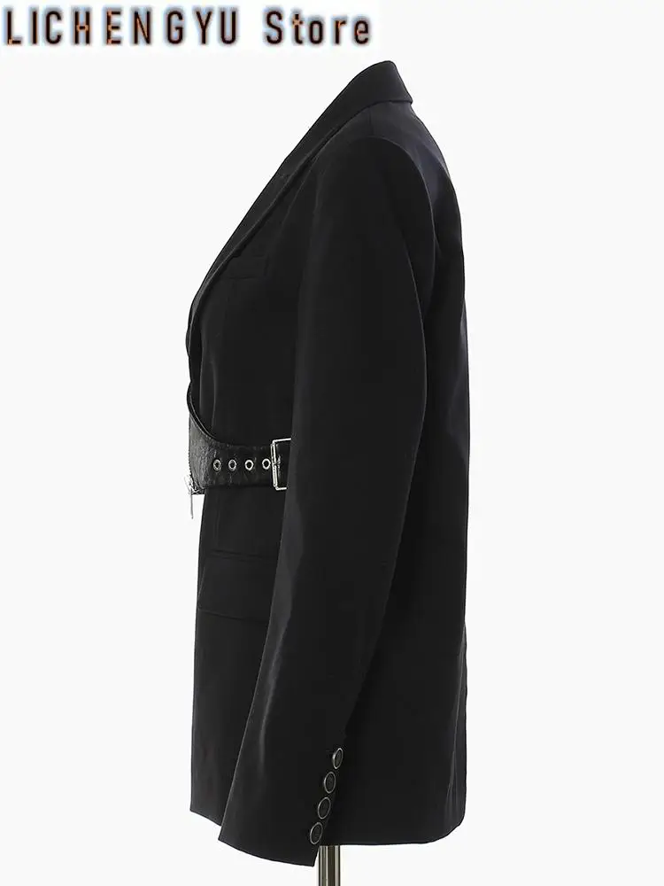 Women Black Irregular Pu Leather Blazer New Lapel Long Sleeve Loose Fit Jacket Fashion Tide Spring Autumn