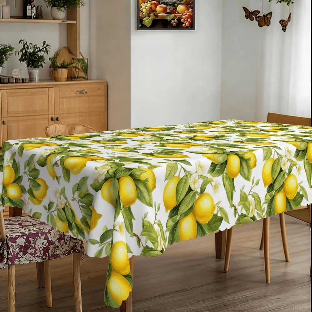 1pc Fresh Lemon Tablecloth (round/rectangular/square), Made of Lightweight Polyester Material That Dries Quickly and Can Be Machine Washed, Suitable for Dining Tables/picnics/afternoon Tea/outdoor Parties/family Gatherings. Available in Multiple Size