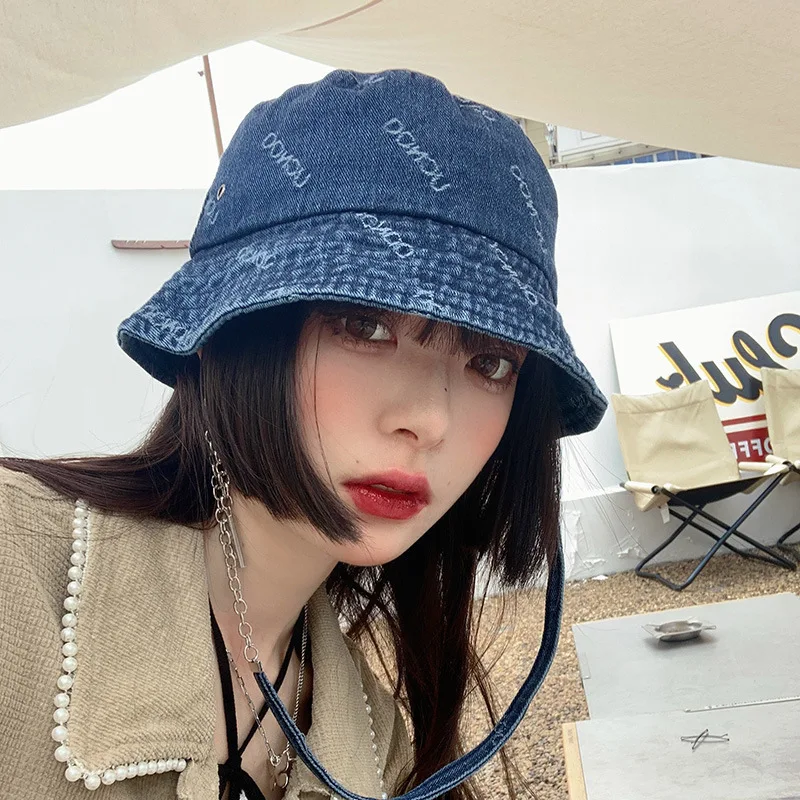 

Japanese Niche Letter Printing Trend Denim Bucket Hat Spring and Summer Sunshade Retro Chain Lace Cool Basin Caps for Women