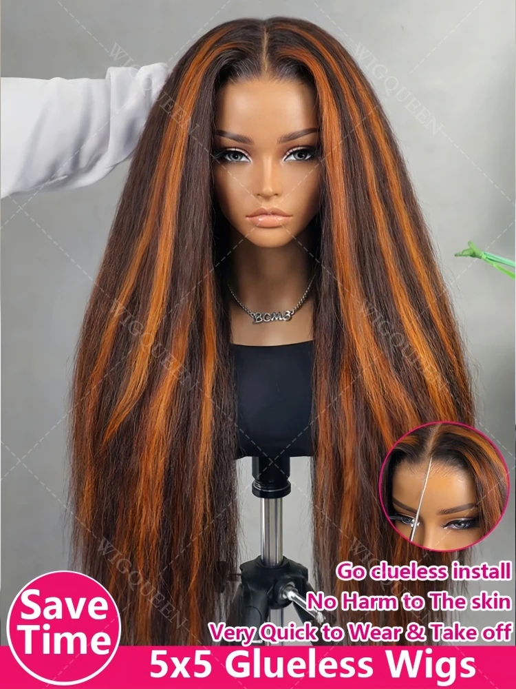 

Invisible Hairline Kinky Straight 200％ Density 13x4 Lace Frontal Human Hair Wig Highlight Ginger With Brown 5x5 Lace Closure Wig