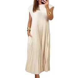 Women Summer Solid Color Pleated Dresses Fashion Comfortable Casual Commuter Flying Sleeve Dress Female Side Double Pockets Gown