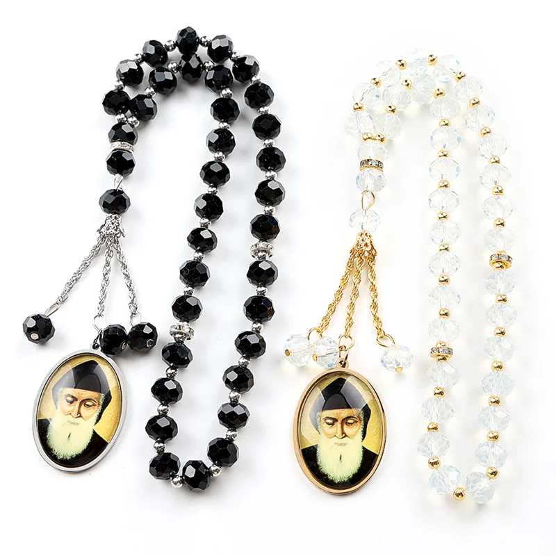 Orthodox Church Saint Charbel Glass Medal Car Pendant for Women Men Stainless Steel Gold Color Amulet Prayer Beads Jewelry Gift