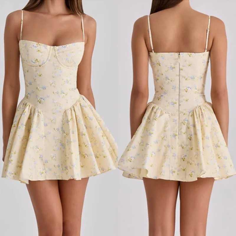 Floral Waist-Cinching Spaghetti Strap Dress Sexy Slim Fit Perfect for Beach Vacation Sleeveless Short High-Waist Patchwork Dress