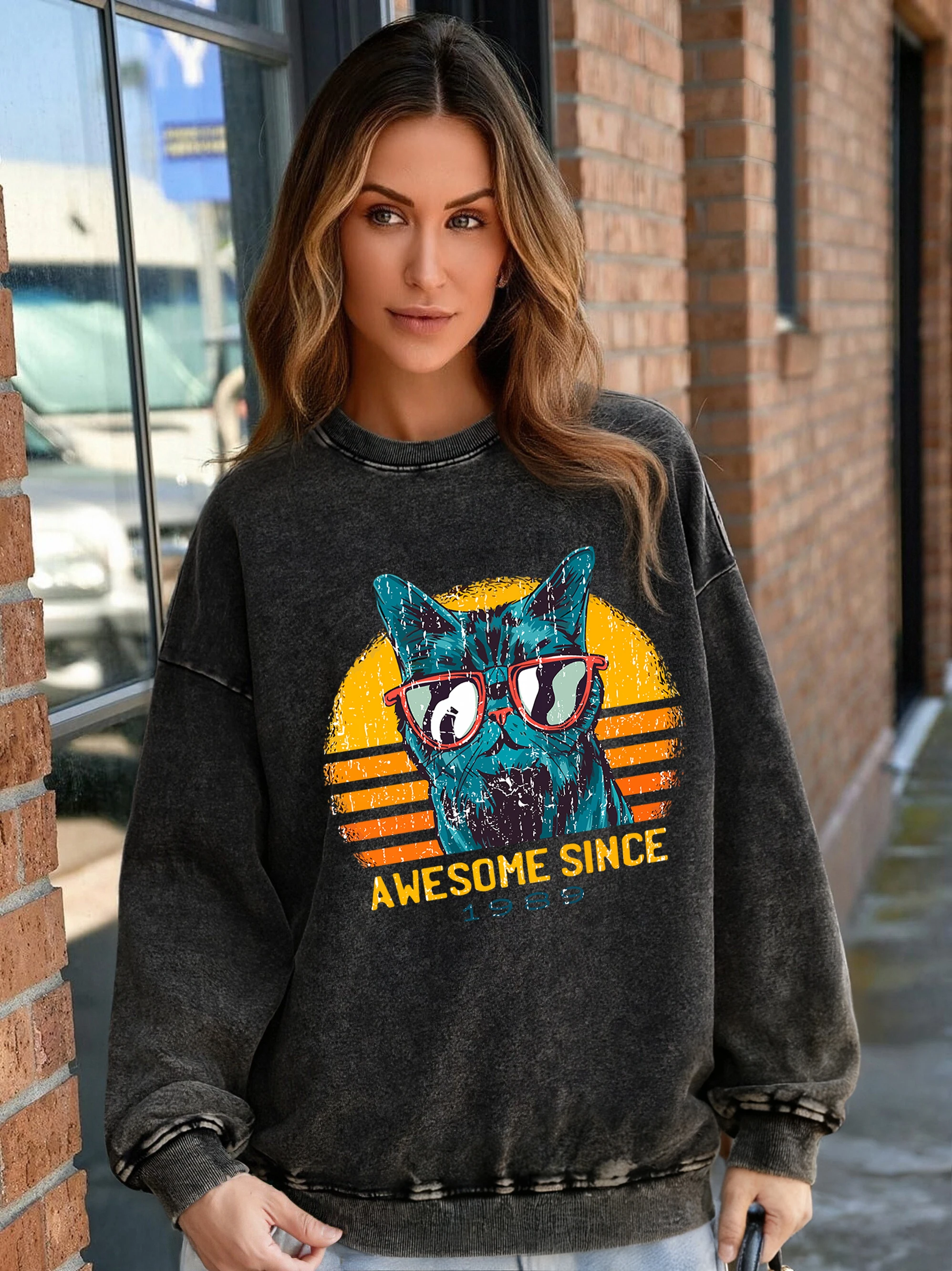 

Cool Cat Awesome с 1989 принтами, модные потертые пуловеры, женские хлопковые повседневные толстовки, мягкая винтажная толстовка с круглым вырезом, осенние топы