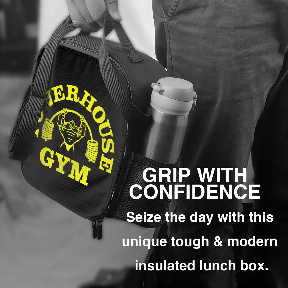 Bolsa de almuerzo de gimnasio para hombres y mujeres, lonchera con aislamiento térmico, Powerhouse, amarillo personalizado, Oficina para adultos