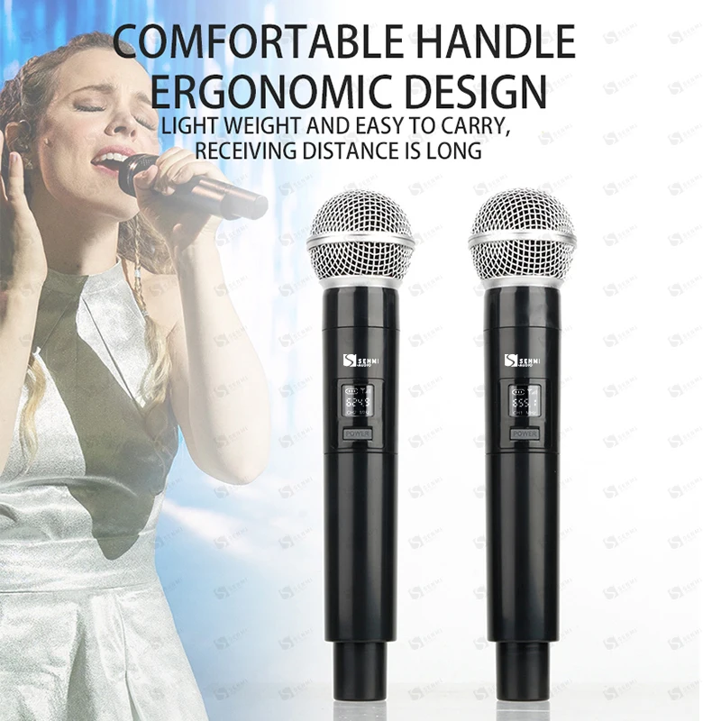 Senmi KU202 High Quality Wireless Two Microphone System 2 Channel Handheld Dynamic Microphones for Home Karaoke, Church