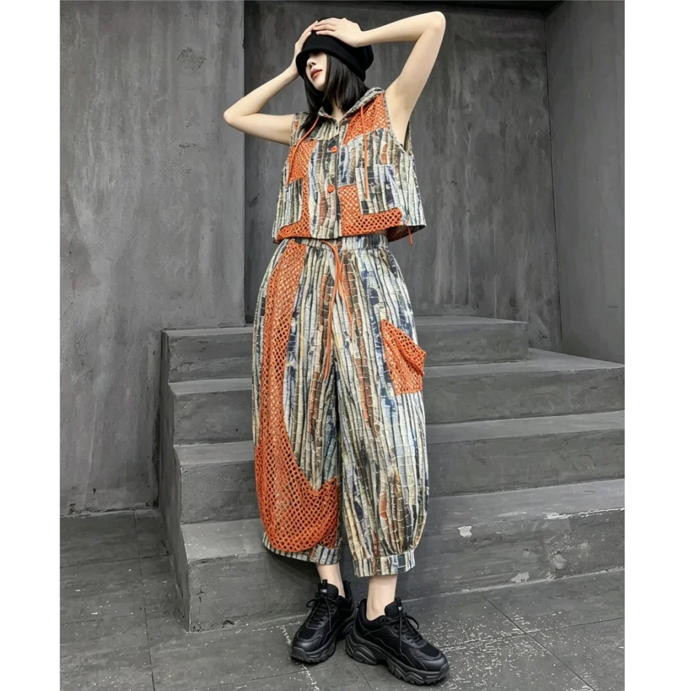 

Unique Vintage-style Hooded Vest + Wide-leg Pants Two-piece Set Women Summer Loose Fashion Suit XY241